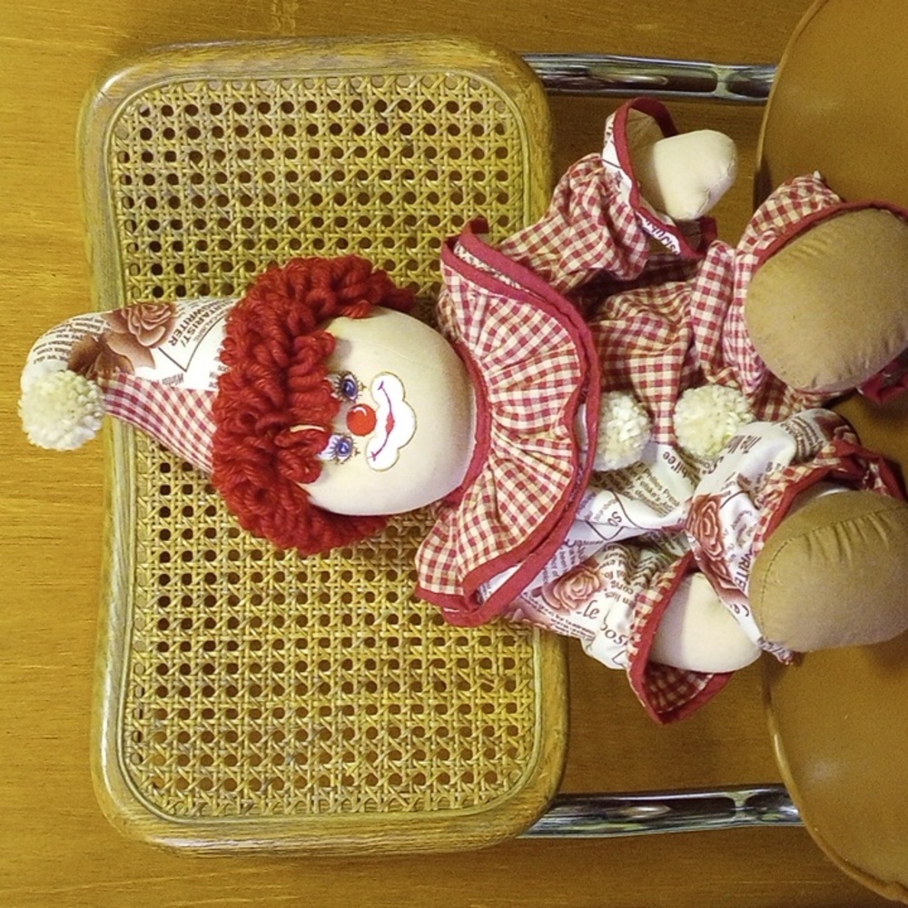 Vintage Clown Doll w/ Ruffles & Pom Poms, Red Cream White Tan Brown